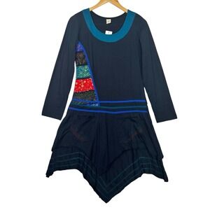 NWT Handmade Nepal Cotton Patchwork Handkerchief Hem Tunic Dress‎ Long Sleeve M